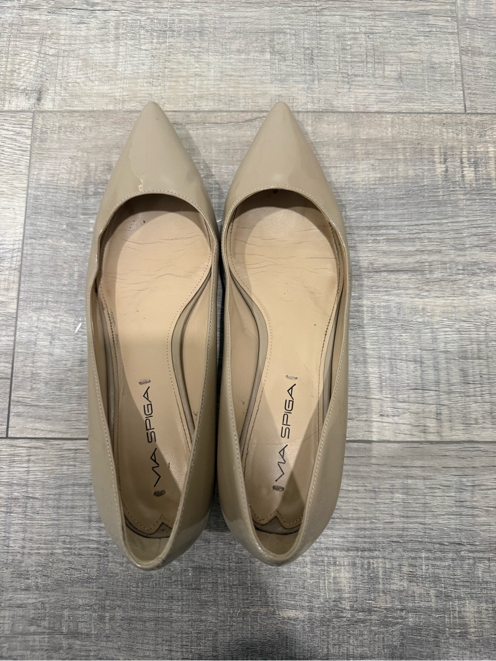 Via Spiga Beige Patent Pointed-Toe Flats